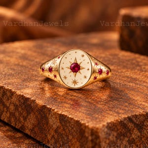 Celestial Ruby Signet Ring, 14K Gold Star & Moon Dome Band, Dainty Stacking Engagement Ring, Hand Engraved Orion Star Ruby Bridal Jewelry