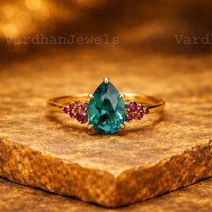 14K Gold Pear Cut Teal Sapphire And Ruby Ring, Dainty Engagement Ring, Minimal Stackable Wedding Ring, Proposal Gift For Her