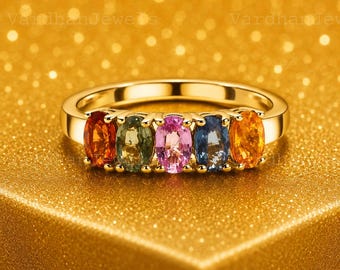 Multi Color Sapphire Band Ring in Sterling Silver, Rainbow Sapphire Anniversary Ring, Elegant Stackable Gift for Her