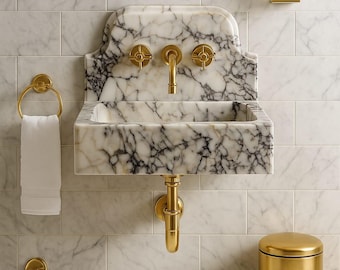 Lavabo de mármol Calacatta Viola tallado a mano, lavabo de pared con ranuras en tres lados.
