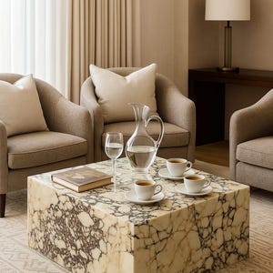 May include: A square coffee table made of cream and brown veined marble. On the table sits a clear glass pitcher filled with water, a single clear glass, and three white ceramic cups with matching saucers containing dark coffee, plus a book.