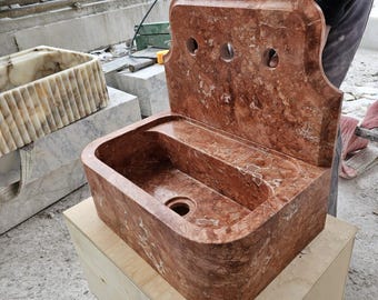 Red Travertine Marble Sink with Mirror, Handmade Stone Vessel Basin, Rustic Bathroom Vanity Set, Natural Wash Bowl Decor, 30x45x15cm