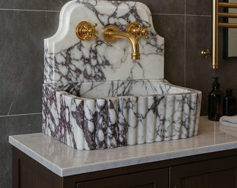Calacatta Viola Marble Wall Mount Sink, Hand Carved Ribbed Stone Basin