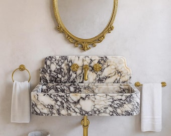 Lavabo de mármol Calacatta Viola tallado a mano, tocador de baño acanalado para montaje en pared.