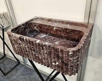 Hand Carved Rosso Levanto Marble Sink: Ribbed Sides, Wall Mount