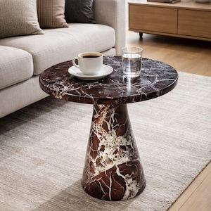 Coffee table :Handmade Rosso Levanto Marble Round Side Table – Luxury Pedestal Accent Furniture