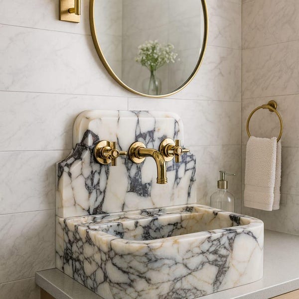 Hand Carved Calacatta Viola Marble Sink: Ribbed Wall Mount Bathroom Vanity