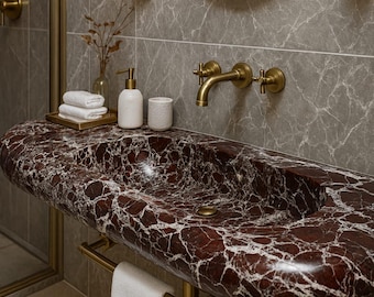 Lavabo de mármol Rosso Levanto tallado a mano - Tocador de baño de pared personalizado