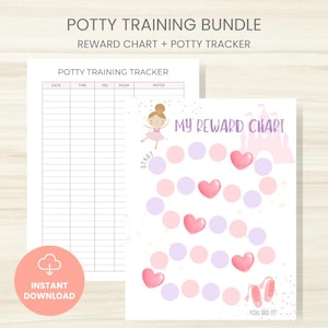 May include: A potty training bundle with a reward chart and potty tracker. The reward chart features a ballerina, pink hearts, and purple circles. The potty tracker has columns for date, time, and notes. The words "Instant Download" are also visible.