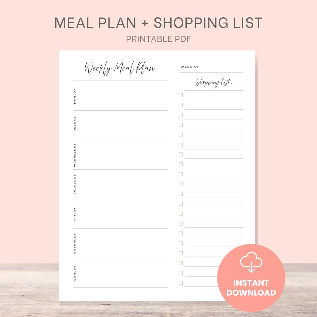 Weekly Meal Planner Printable: Minimalist Shopping List (PDF Download ...