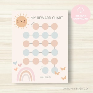 May include: A printable reward chart with a smiling sun, rainbow, and butterflies. The chart features a grid of circles in peach and blue, with the text "MY REWARD CHART", "START", "YAY!", and "YOU DID IT!" on a light pink background. Includes "INSTANT DOWNLOAD" text.