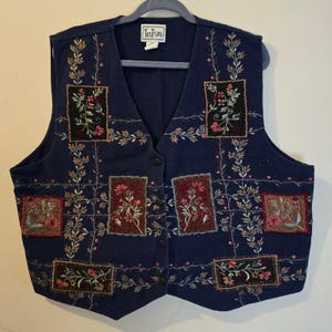 Chaleco de algodón con patchwork bordado floral vintage de TanTrums, azul marino, talla grande 2X