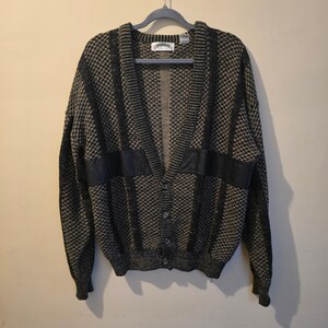 Vintage jaren 80 Marquis Cardigan Trui Heren Maat L Zwart Bruin Leren Patch Retro