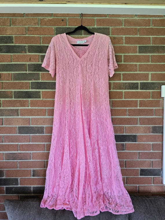 Vintage Starina Womens Pink Lace Crinkle Maxi Dress Size M Fairy Cottage A-Line 90s