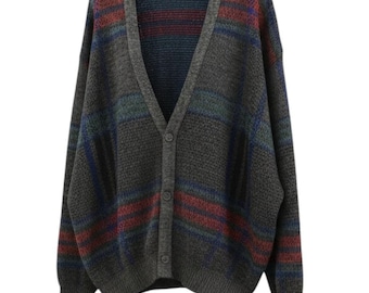 Vintage 90er Jahre Jantzen Cardigan Pullover Herren XL Grau kariert Strick Grunge Opa