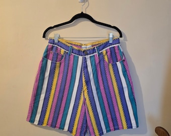 Pantaloncini di jeans a righe vintage blu nord-ovest da donna multicolore ricamati in stile retrò