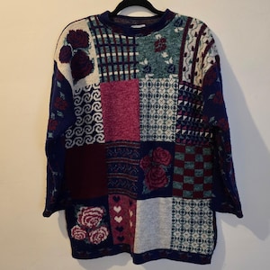 Vintage 90er Jahre Pullover mit klassischen Elementen, Damengröße L, mehrfarbiges Patchwork-Blumenmuster, Strick