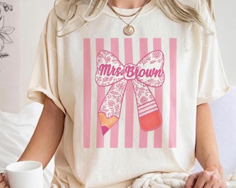 Personalized Teacher Shirt, Custom Teacher Team Pencil Bow T-shirt, Floral Coquette Teacher Gift, Back To School Shirt Kindergarten Teacher