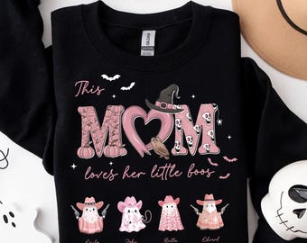 Personalisiertes Halloween-Mama-Shirt für die Halloween-Familie: Rosa gruseliges Mama-Shirt für Mütter mit individuellen Kindernamen