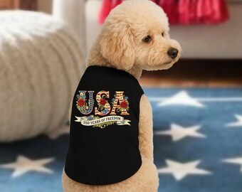 Floral USA Pet Tank Top, 4th Of July Pet Clothes, USA 250th Anniversary Floral Dog Shirt, Flower USA Small Dog Tank