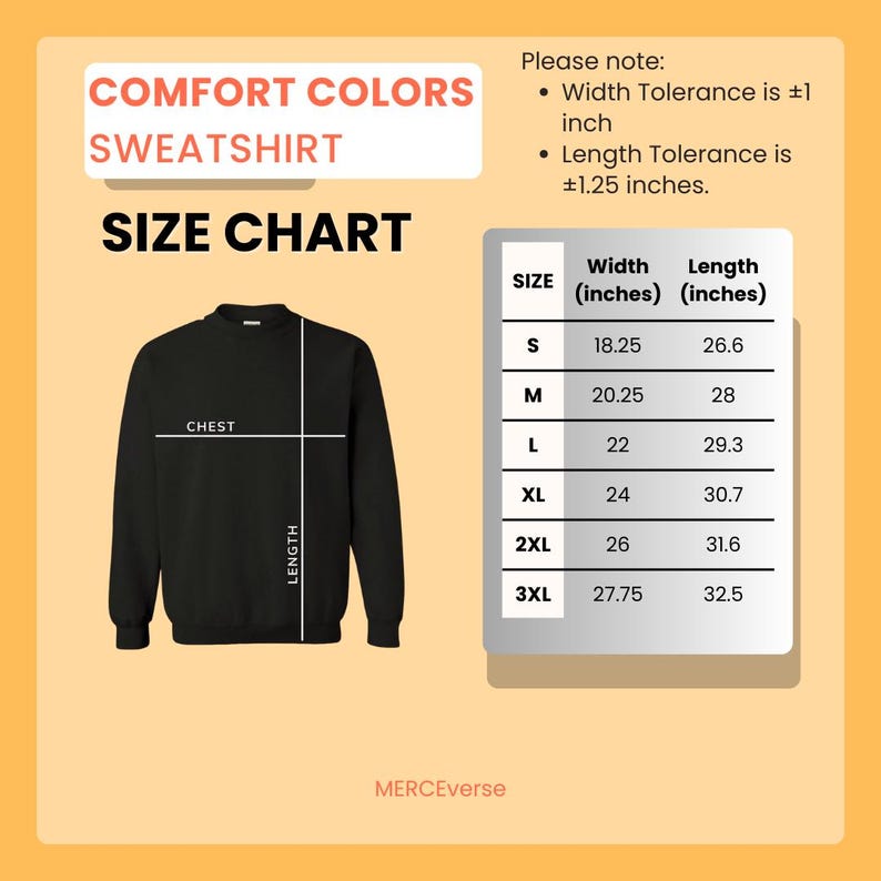 K&ouml;nnte beinhalten: Ein schwarzes Comfort Colors Sweatshirt mit Gr&ouml;&szlig;entabelle. Die Tabelle listet die Gr&ouml;&szlig;en S bis 3XL auf, mit Breitenma&szlig;en von 46,35 bis 70,49 cm und L&auml;ngenma&szlig;en von 67,56 bis 82,55 cm. Der Text "COMFORT COLORS SWEATSHIRT" steht oben.