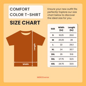 K&ouml;nnte beinhalten: Gr&ouml;&szlig;entabelle f&uuml;r ein Comfort Color T-Shirt, mit Ma&szlig;en in Zoll. Die Tabelle enth&auml;lt die Gr&ouml;&szlig;en S bis 4XL mit den entsprechenden Breiten- und L&auml;ngenma&szlig;en. Der Text lautet: "Stellen Sie sicher, dass Ihr neues Outfit perfekt passt!"