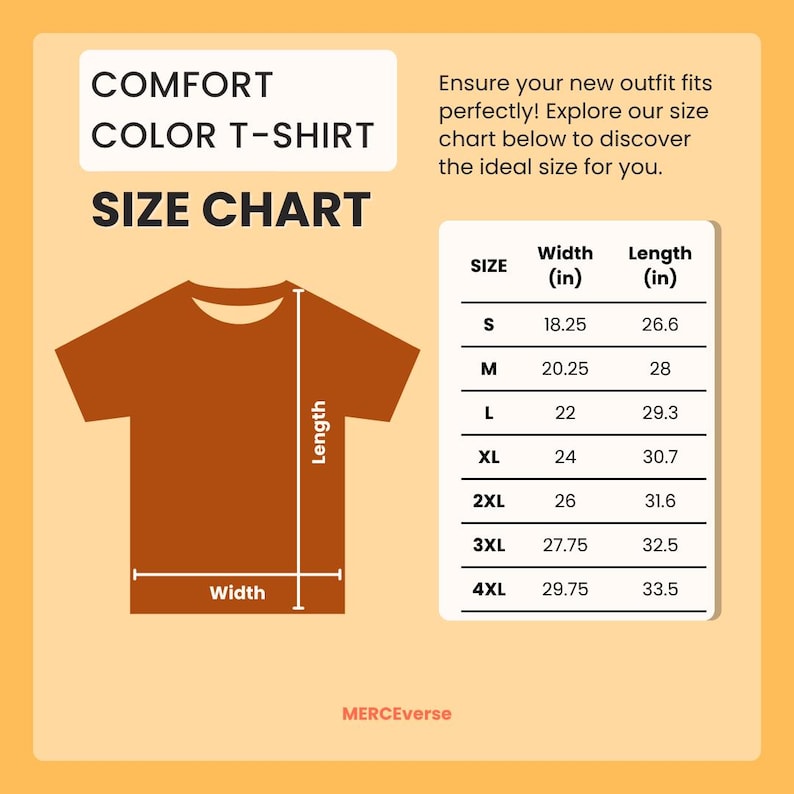 K&ouml;nnte beinhalten: Gr&ouml;&szlig;entabelle f&uuml;r ein Comfort Color T-Shirt, mit Ma&szlig;en in Zoll. Die Tabelle enth&auml;lt die Gr&ouml;&szlig;en S bis 4XL mit den entsprechenden Breiten- und L&auml;ngenma&szlig;en. Der Text lautet: "Stellen Sie sicher, dass Ihr neues Outfit perfekt passt!"