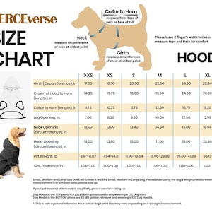 May include: Size chart for dog hoodies, featuring measurements in inches for girth, length, and neck opening. Includes a diagram of a dog with measurement points and a photo of a dog wearing a hoodie.