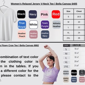 May include: A white V-neck t-shirt hangs on a hanger. Color swatches include black, navy, pink, and red. A chart provides size, chest, and length measurements in inches. A woman wears a purple crop top. Additional color options are shown.