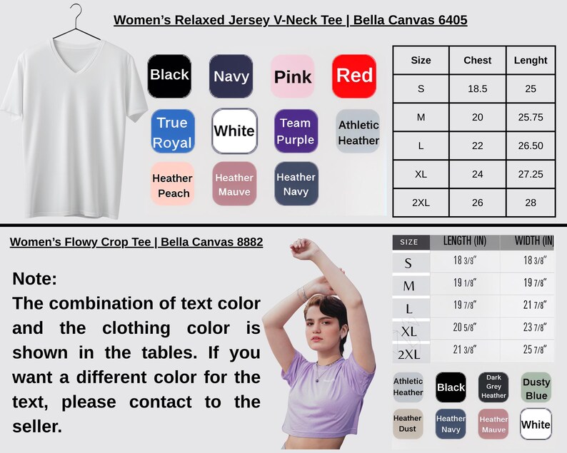 May include: A white V-neck t-shirt hangs on a hanger. Color swatches include black, navy, pink, and red. A chart provides size, chest, and length measurements in inches. A woman wears a purple crop top. Additional color options are shown.