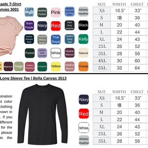 May include: A light pink Unisex Staple T-Shirt and a black Triblend Long Sleeve Tee are displayed. Color swatches and size charts are included, detailing measurements in inches for width, chest, and length. The image provides options for various colors.