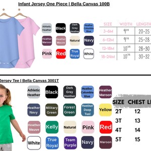 May include: Two baby bodysuits, one light blue and one pink, hang on wooden hangers. Below, a young girl models a green t-shirt. Color swatches and size charts for infant and toddler clothing are also shown.