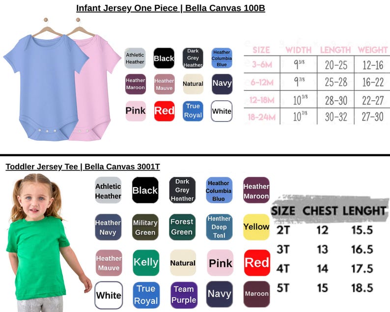 May include: Two baby bodysuits, one light blue and one pink, hang on wooden hangers. Below, a young girl models a green t-shirt. Color swatches and size charts for infant and toddler clothing are also shown.