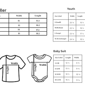 May include: A size chart for toddler, youth, and baby suit clothing. The chart includes measurements for width and length in inches. The toddler sizes range from 2T to 5T. Youth sizes range from S to XL. Baby suit sizes range from 3-6M to 18-24M.