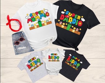 Matching Super Mario Family Shirt, Super Daddio Shirts, Super Mommio Tshirt, Super Kiddio T-Shirt, Super Mario Game Tees, Gamer Dad Mom Tops