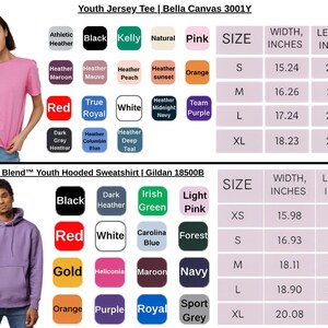 May include: A pink Youth Jersey Tee and a purple Heavy Blend Youth Hooded Sweatshirt are shown. Color swatches and size charts are included. The tee is Bella Canvas 3001Y, and the sweatshirt is Gildan 18500B.