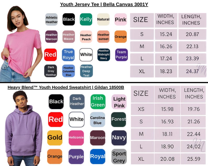 May include: A pink Youth Jersey Tee and a purple Heavy Blend Youth Hooded Sweatshirt are shown. Color swatches and size charts are included. The tee is Bella Canvas 3001Y, and the sweatshirt is Gildan 18500B.
