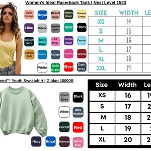May include: A woman wearing a yellow racerback tank top. The image includes a size chart for the tank top and a youth sweatshirt, with color options. The tank top is Next Level 1533, and the sweatshirt is Gildan 18000B.