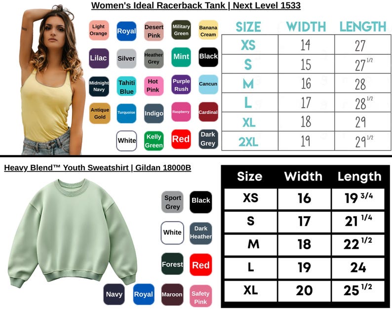 May include: A woman wearing a yellow racerback tank top. The image includes a size chart for the tank top and a youth sweatshirt, with color options. The tank top is Next Level 1533, and the sweatshirt is Gildan 18000B.