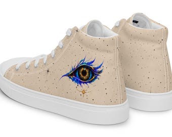 Cosmic Eye Beige High Top Sneakers for Women, Celestial Canvas Shoes, Neutral Aesthetic Streetwear Sneakers, Artistic Cosmic Shoes