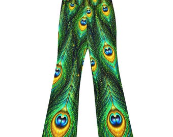 Peacock Feather Flare Leggings | Boho Peacock Yoga Pants | Mystical Peacock Eye Bell Bottom Leggings | Festival Wear