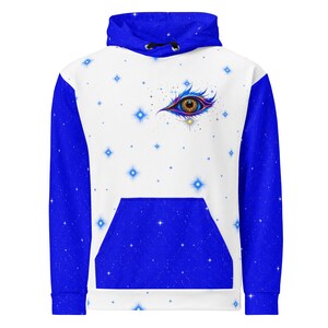 Aurelion Eye Hoodie – White and Royal Blue Celestial All-Over Print Night Sky Unisex Pullover Jumper Starry Pattern