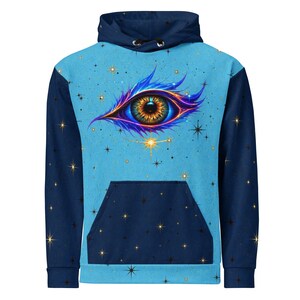 Aurelion Eye Cosmic Hoodie, Sky Blue, Navy Galaxy All Over Print Celestial Unisex Pullover Jumper