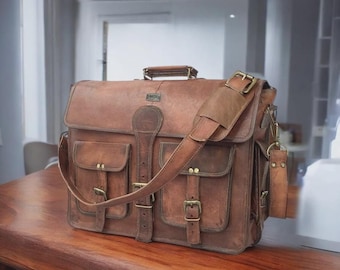 Bolso bandolera de cuero personalizado: maletín vintage marrón para portátil, regalo de Navidad.
