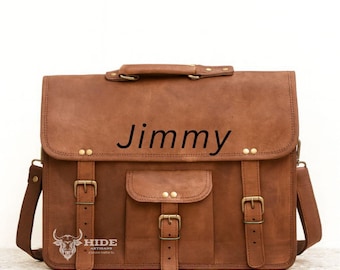 Bolso bandolera de piel marrón personalizado / Bolso para portátil de 15 pulgadas