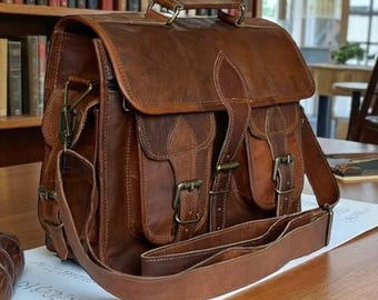 Bolso bandolera personalizado de piel de cabra marrón para portátil / Bolso de trabajo y viaje hecho a mano