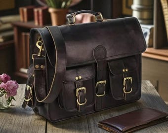 Bolso de cuero personalizado para portátil para hombre / Maletín tipo mensajero / Regalo personalizado para padrinos de boda / Trabajo, oficina y viajes