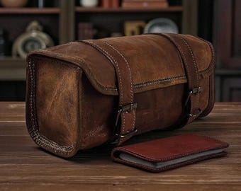 Bolsa de manillar de cuero de cabra personalizada / Bolsa de herramientas para motocicleta para hombre / Regalo para moteros y accesorio de viaje