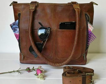 Bolso bandolera de piel marrón para mujer – Bolso tote, bandolera con bolsillos delanteros, regalo perfecto para el día a día.