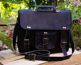 Bolso bandolera de cuero negro personalizado – Bolso para portátil hecho a mano